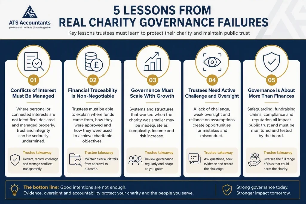 Professional ATS Accountants infographic illustrating five key lessons from real UK charity governance failures. The visual highlights conflict management, financial traceability, fraud prevention, governance oversight and trustee accountability, helping charity trustees strengthen governance and reduce regulatory risk.